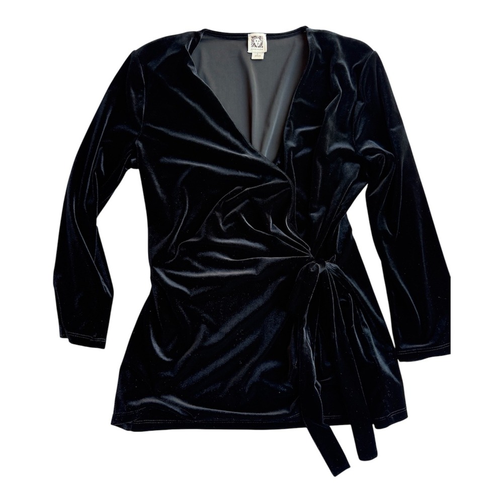 Anne Klein Womens Black Velvet Wrap Side Tie V-Neck Blouse Top Large L